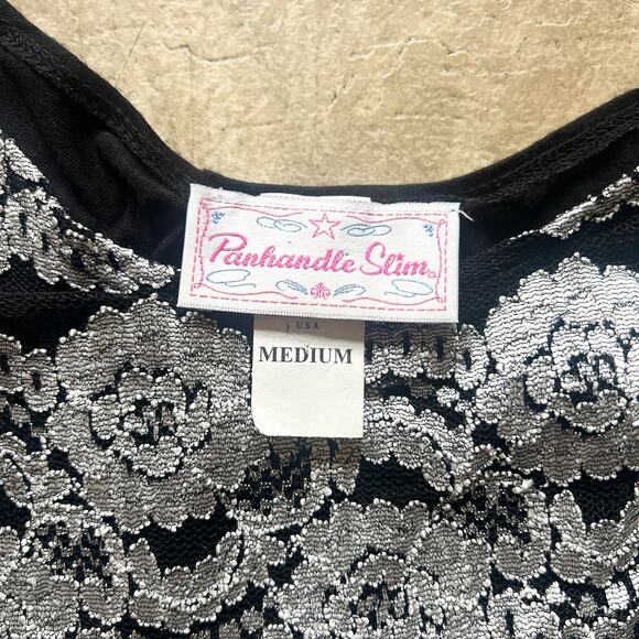 Vtg Y2K Panhandle Slim Top M Black Silver Floral Whimsigoth Fairy Goth McBling - Picture 2 of 6